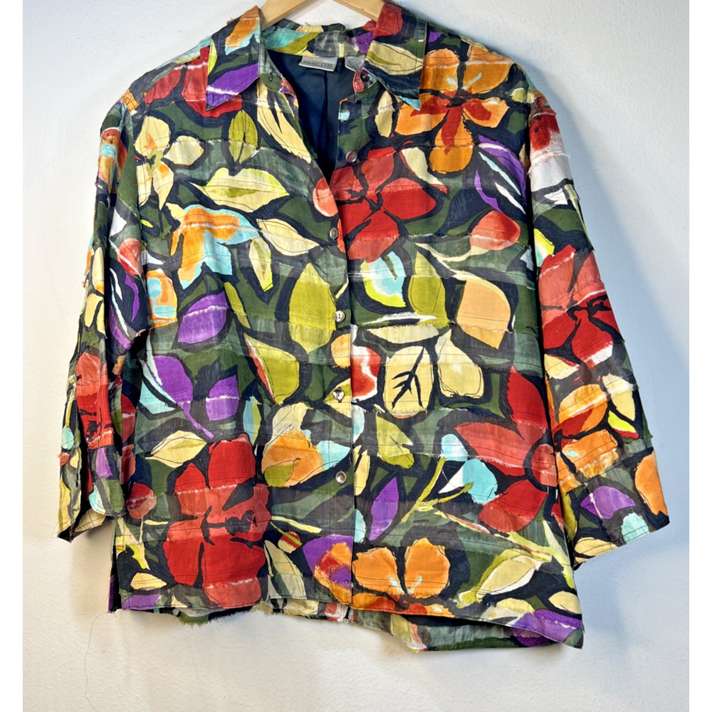 Chico's 2 large Multicolor Art layered jacket Silk linen shirt vacation resort